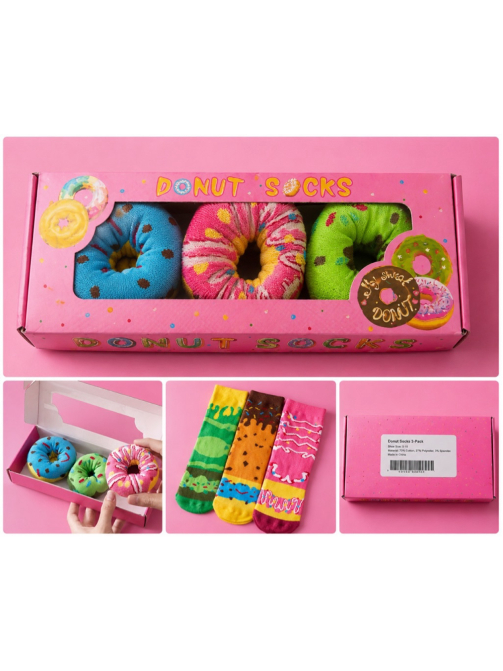 TikTok Viral Donut Socks 3-Pack Novelty Gift Set NIB